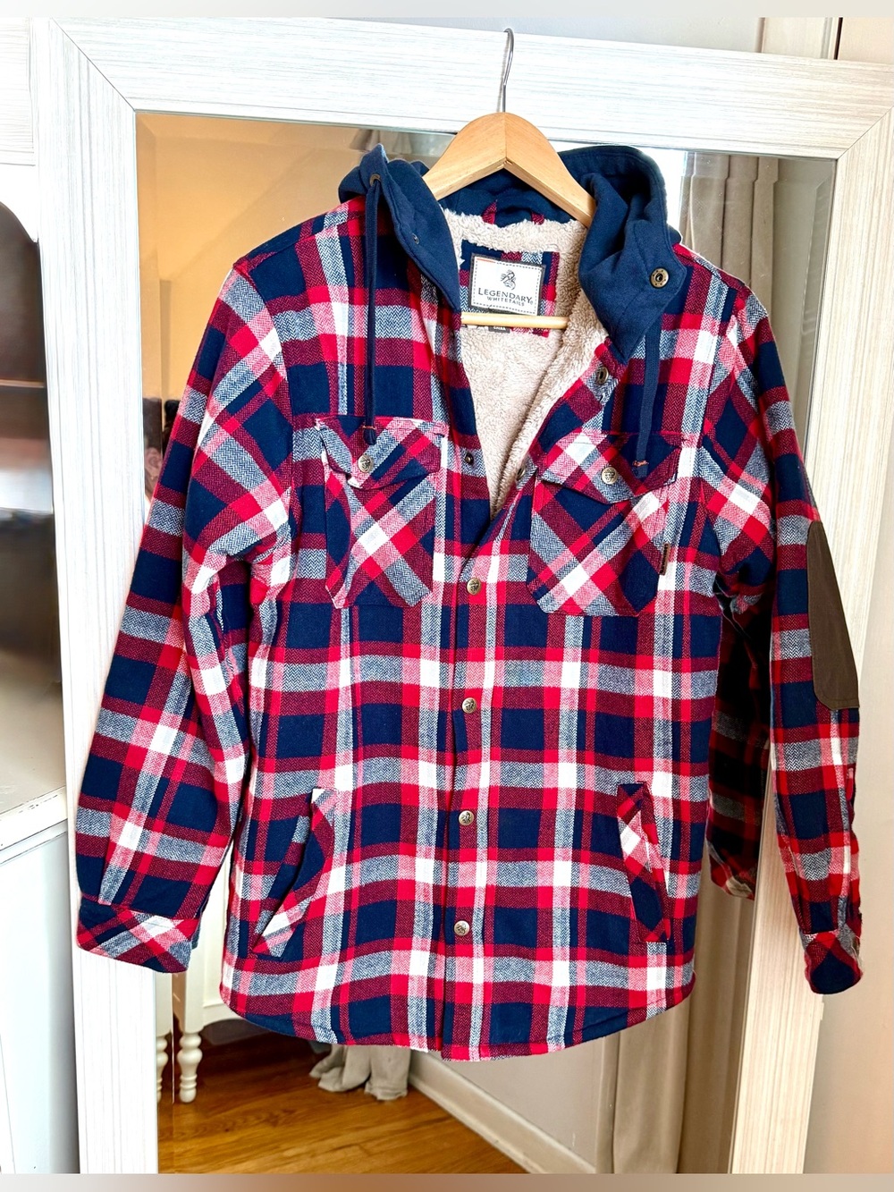 Men's Camp Night Berber Lined Hooded Red and Blue Flannel Shirt Jacket Shacket